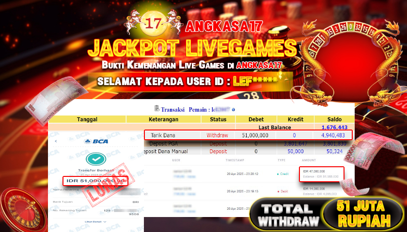 ANGKASA17 id : LEF*** JACKPOT ROULLETE PRAGMATIC PLAY Rp. 51.000.000 ,- LUNAS