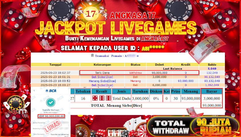 ANGKASA17 id : ASI** JACKPOT LIVE GAME SICBO DENGAN TOTAL WITHDRAW Rp. 90.000.000 ,- LUNAS