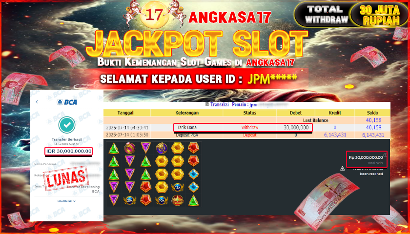 ANGKASA17 id : JPM*** JACKPOT SLOT GATES OF OLYMPUS Rp. 30.000.000 ,- LUNAS
