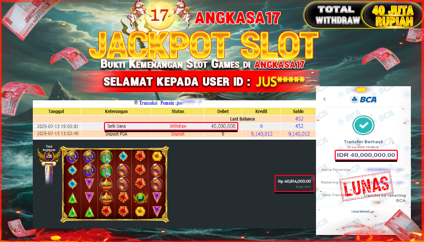 ANGKASA17 id : JUS*** JACKPOT SLOT GATES OF OLYMPUS SUPER SCATTER Rp. 40.000.000 ,- LUNAS