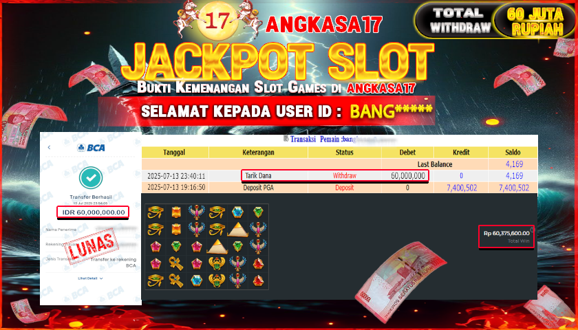 ANGKASA17 id : BAN*** JACKPOT SLOT PYRAMID BONANZA Rp. 60.000.000 ,- LUNAS