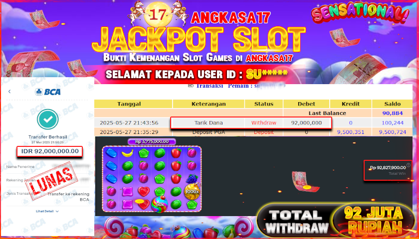 ANGKASA17 id : SU*** JACKPOT SLOT SWEET BONANZA 1000 Rp. 92.000.000 ,- LUNAS