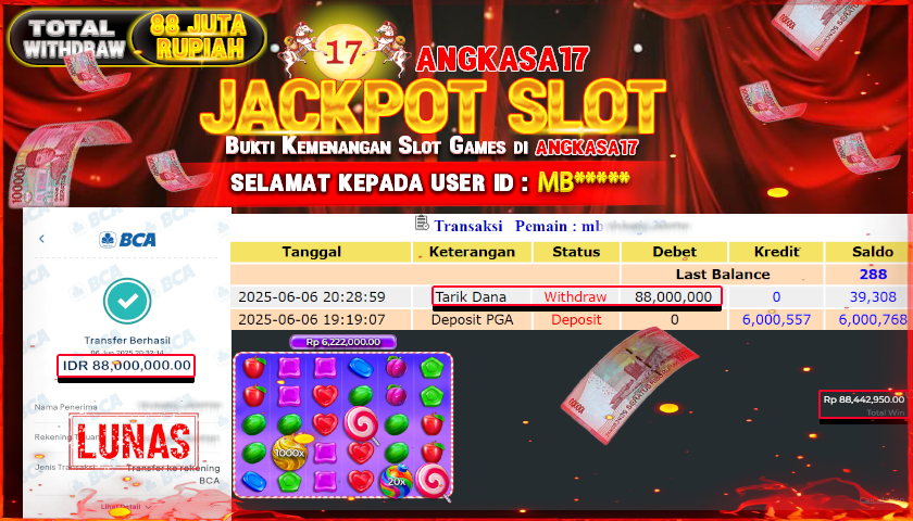 ANGKASA17 id : MB*** JACKPOT SLOT SWEET BONANZA 1000 Rp. 88.000.000 ,- LUNAS