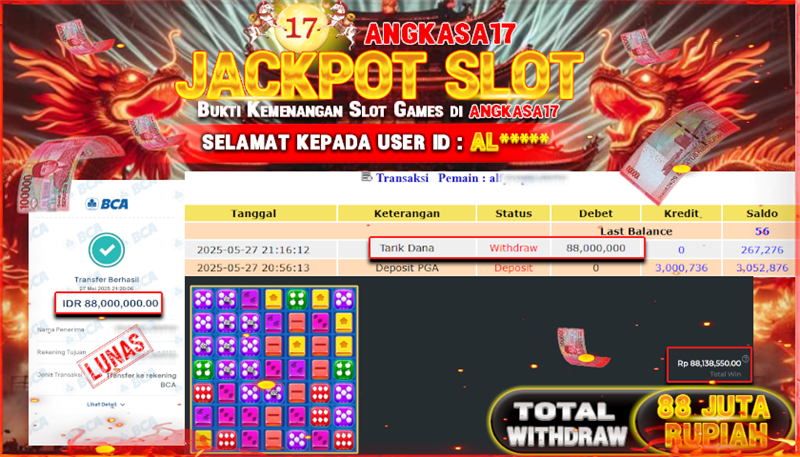 ANGKASA17 id : AL*** JACKPOT SLOT FRUIT PARTY DICE Rp. 88.000.000 ,- LUNAS