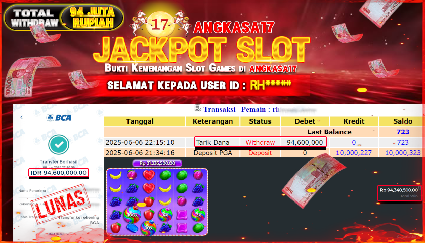 ANGKASA17 id : RH*** JACKPOT SLOT SWEET BONANZA Rp. 94.000.000 ,- LUNAS