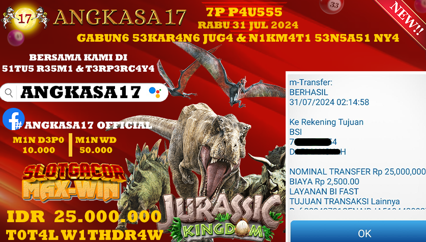 ANGKASA17 id : SI*** JACKPOT SLOT JURASSIC KINGDOM Rp. 25.000.000 ,- LUNAS