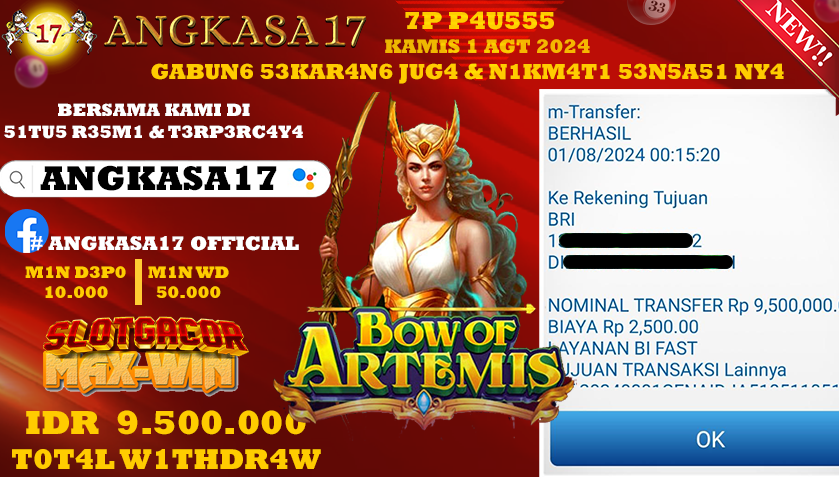ANGKASA17 id : 0D***** JACKPOT SLOT BOW OF ARTEMIS Rp. 9.500.000 ,- LUNAS