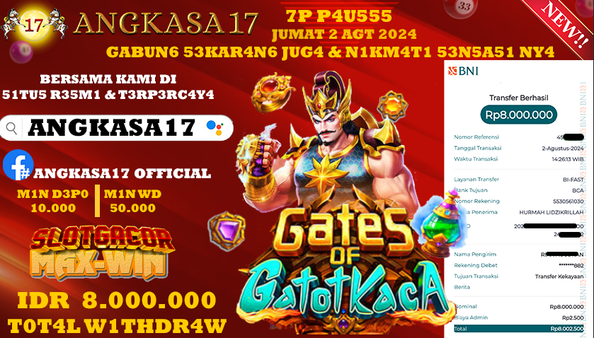 ANGKASA17 id : 4T***** JACKPOT SLOT GATES OF GATOTKACA Rp. 8.000.000 ,- LUNAS