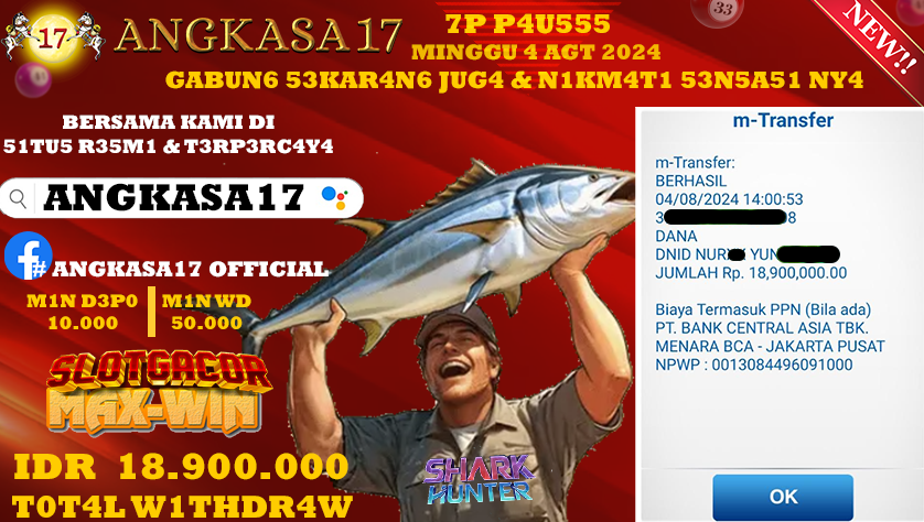 ANGKASA17 id : 6F***** JACKPOT SLOT SHARK HUNTER Rp. 18.900.000 ,- LUNAS