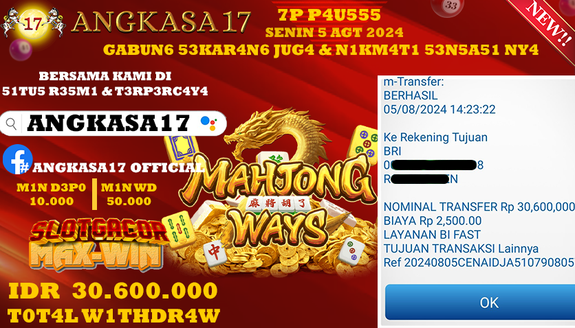 ANGKASA17 id : XH***** JACKPOT SLOT MAHJONG WAYS Rp. 30.600.000 ,- LUNAS