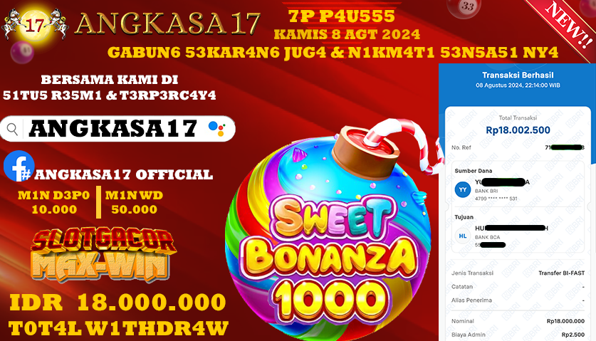 ANGKASA17 id : FR****** JACKPOT SLOT SWEET BONANZA 1000 Rp. 18.000.000 ,- LUNAS