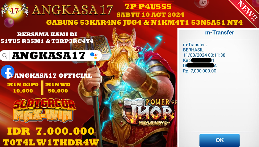 ANGKASA17 id : 43***** JACKPOT SLOT POWER OF THOR MEGAWAYS Rp. 7.000.000 ,- LUNAS