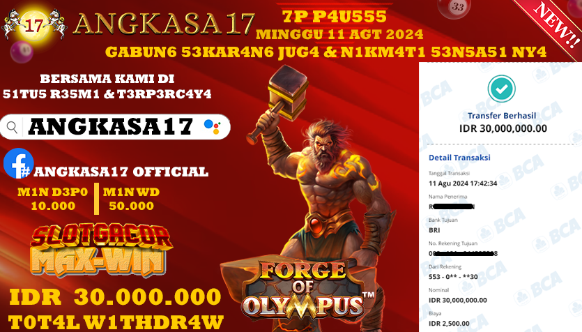 ANGKASA17 id : CC***** JACKPOT SLOT FORCE OF OLYMPUS Rp. 30.000.000 ,- LUNAS