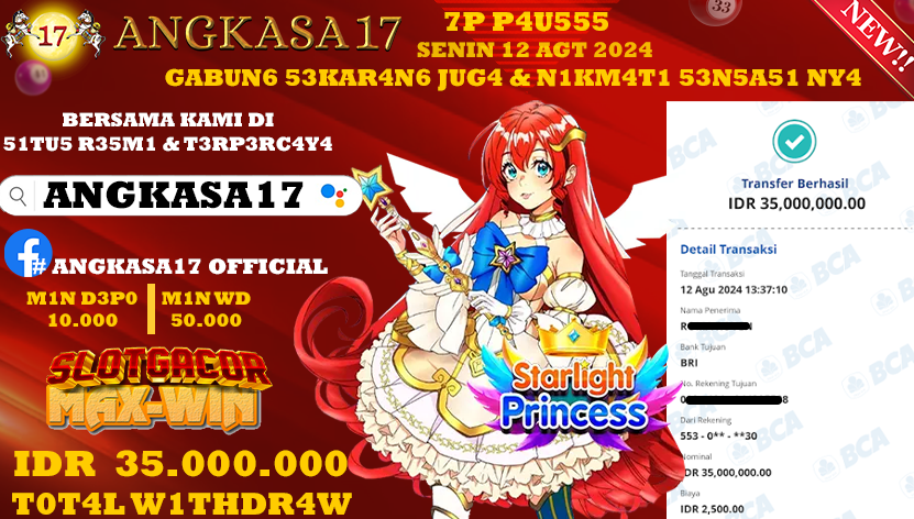 ANGKASA17 id : 02***** JACKPOT SLOT STARLIGHT PRINCESS Rp. 35.000.000 ,- LUNAS