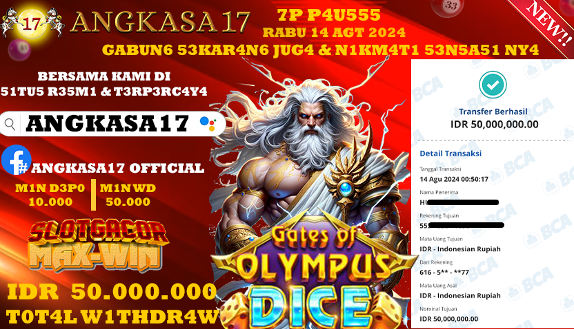 ANGKASA17 id : CC***** JACKPOT SLOT GATES OF OLYMPUS DICE Rp. 50.000.000 ,- LUNAS