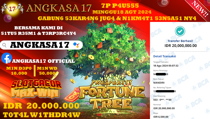 ANGKASA17 id : DT***** JACKPOT SLOT PROSPERITY FORTUNA TREE Rp. 20.000.000 ,- LUNAS