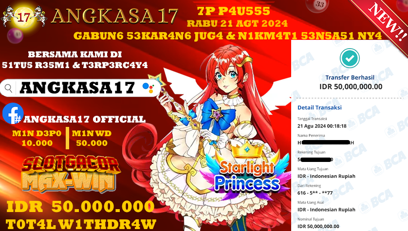 ANGKASA17 id : 00******* JACKPOT SLOT STARLIGHT PRINCESS Rp. 50.000.000 ,- LUNAS