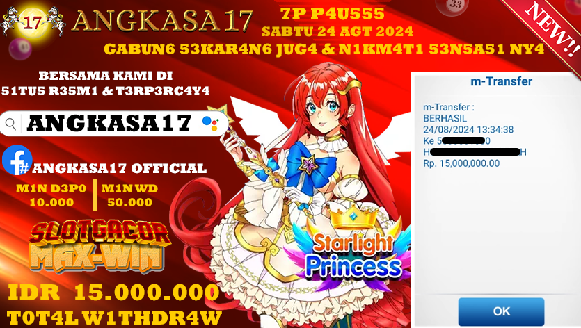 ANGKASA17 id : 14***** JACKPOT SLOT STARLIGHT PRINCESS Rp. 15.000.000 ,- LUNAS