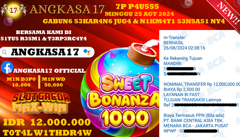 ANGKASA17 id : QW***** JACKPOT SLOT SWEET BONANZA 1000 Rp. 12.000.000 ,- LUNAS