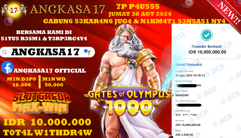 ANGKASA17 id : LG***** JACKPOT SLOT GATES OF OLYMPUS 1000 Rp. 10.000.000 ,- LUNAS