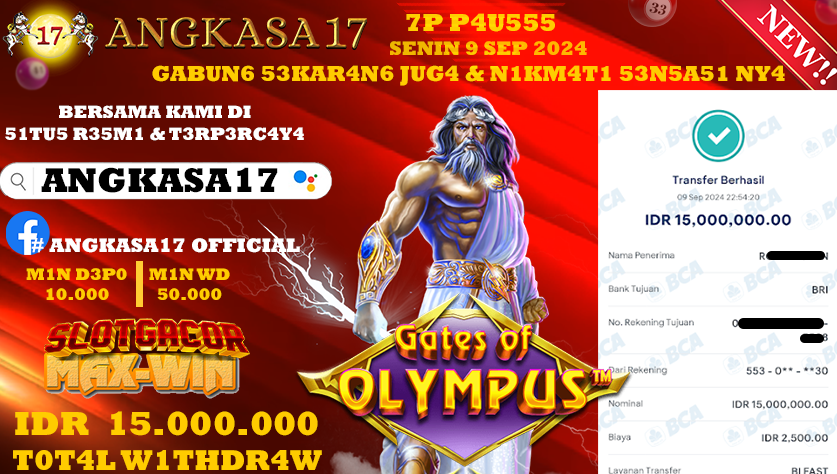 ANGKASA17 id : L1***** JACKPOT SLOT GATES OF OLYMPUS Rp. 15.000.000 ,- LUNAS