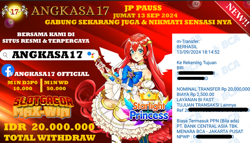 ANGKASA17 id : L5***** JACKPOT SLOT STARLIGHT PRINCESS Rp. 20.000.000 ,- LUNAS