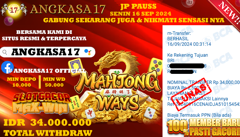 ANGKASA17 id : L7***** JACKPOT SLOT MAHYONG WAYS Rp. 34.000.000 ,- LUNAS