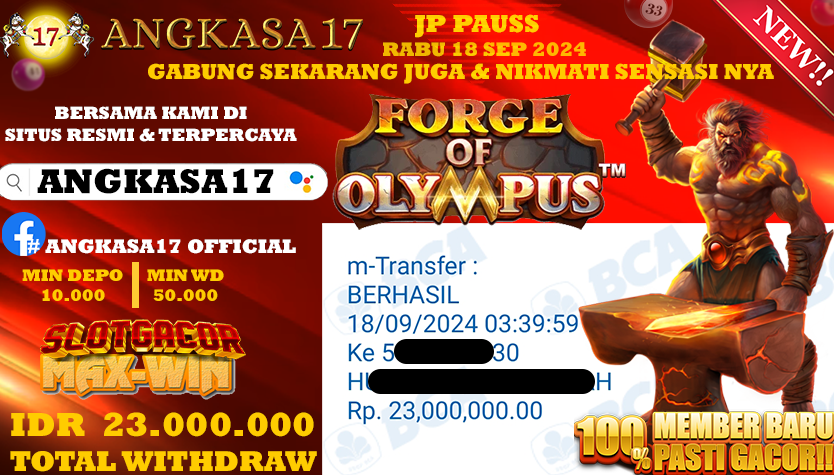 ANGKASA17 id : L8***** JACKPOT SLOT FORGE OF OLYMPUS Rp. 23.000.000 ,- LUNAS