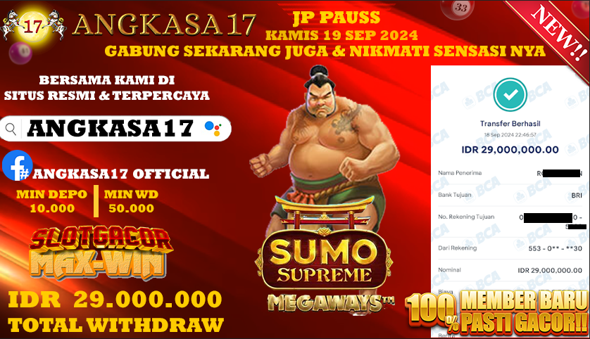 ANGKASA17 id : M0***** JACKPOT SLOT SUMO SUPREME Rp. 29.000.000 ,- LUNAS