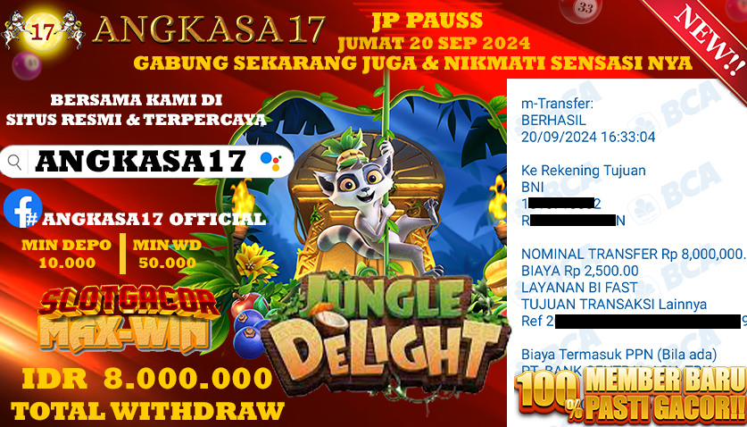 ANGKASA17 id : M1***** JACKPOT SLOT JUNGLE DELIGHT Rp. 8.000.000 ,- LUNAS