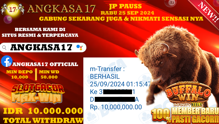 ANGKASA17 id : M5***** JACKPOT BUFFALO WIN Rp. 10.000.000 ,- LUNAS