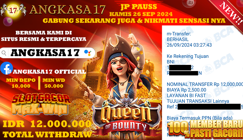 ANGKASA17 id : M6***** JACKPOT SLOT Queen of Bounty Rp. 12.000.000 ,- LUNAS