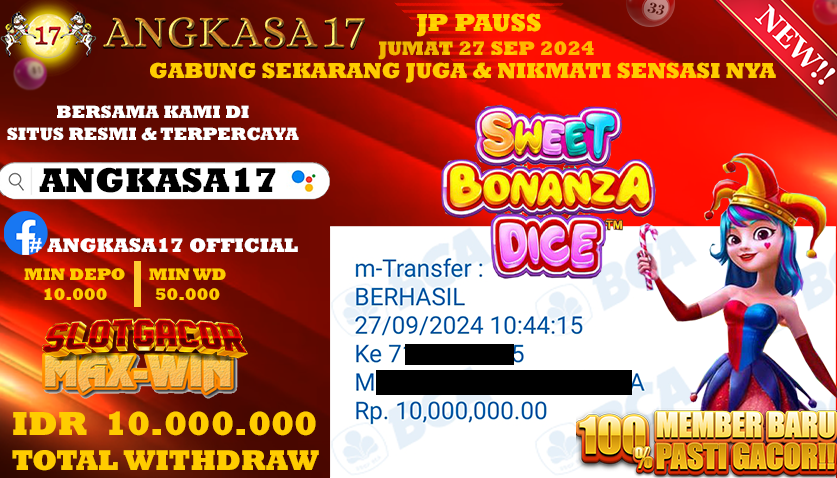 ANGKASA17 id : M7***** JACKPOT SLOT Sweet Bonanza Dice Rp. 10.000.000 ,- LUNAS
