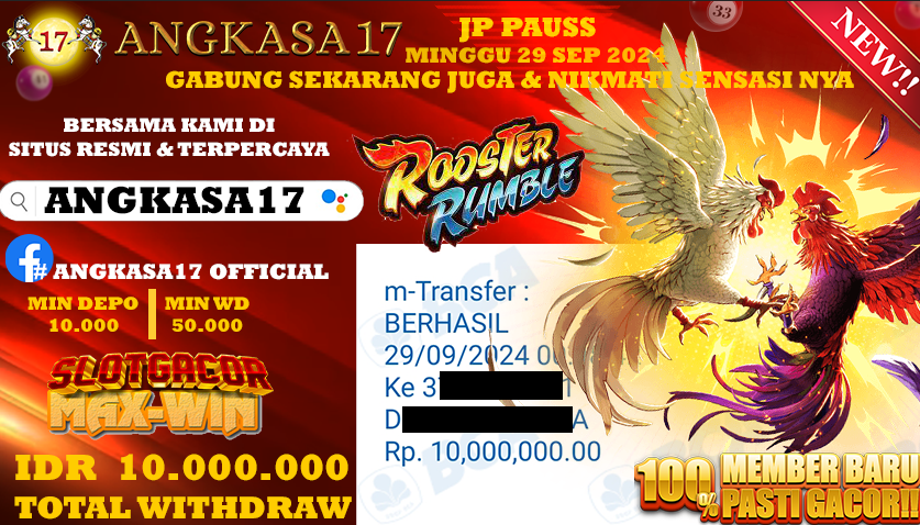 ANGKASA17 id : z1***** JACKPOT SLOT ROOSTER RUMBLE Rp. 10.000.000 ,- LUNAS