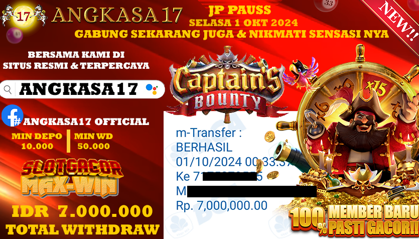ANGKASA17 id : AK1***** JACKPOT SLOT CAPTAIN BOUNTY Rp. 7.000.000 ,- LUNAS