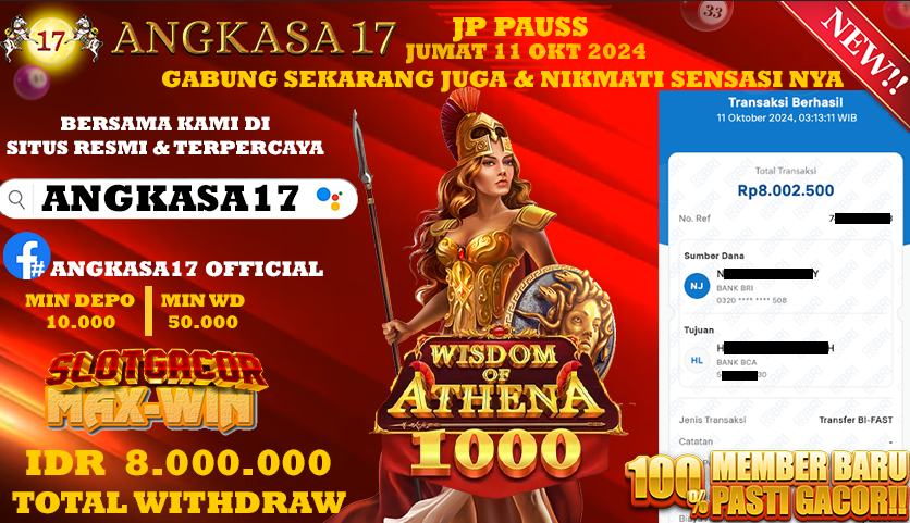 ANGKASA17 id : K23***** JACKPOT SLOT Wisdom of Athena Rp. 8.000.000 ,- LUNAS