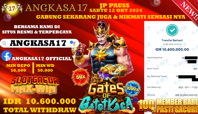ANGKASA17 id : K24***** JACKPOT SLOT Gates of Gatotkaca Rp. 10.600.000 ,- LUNAS