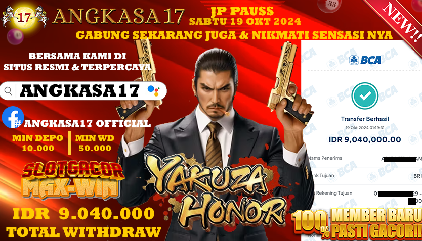 ANGKASA17 id : K31***** JACKPOT SLOT Yakuza Honor Rp. 9.040.000 ,- LUNAS