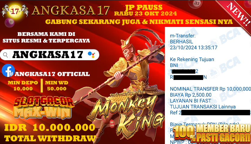 ANGKASA17 id : K33***** JACKPOT SLOT Monkey King Rp. 10.000.000 ,- LUNAS