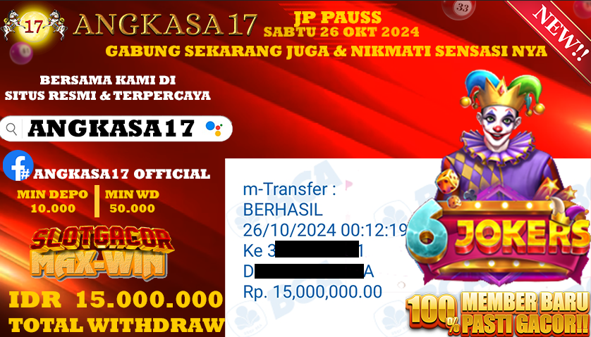 ANGKASA17 id : z4***** JACKPOT SLOT Jokers Jewel Rp. 15.000.000 ,- LUNAS