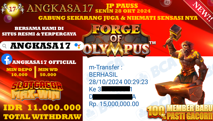 ANGKASA17 id : z5***** JACKPOT SLOT Forge of Olympus Rp. 15.000.000 ,- LUNAS