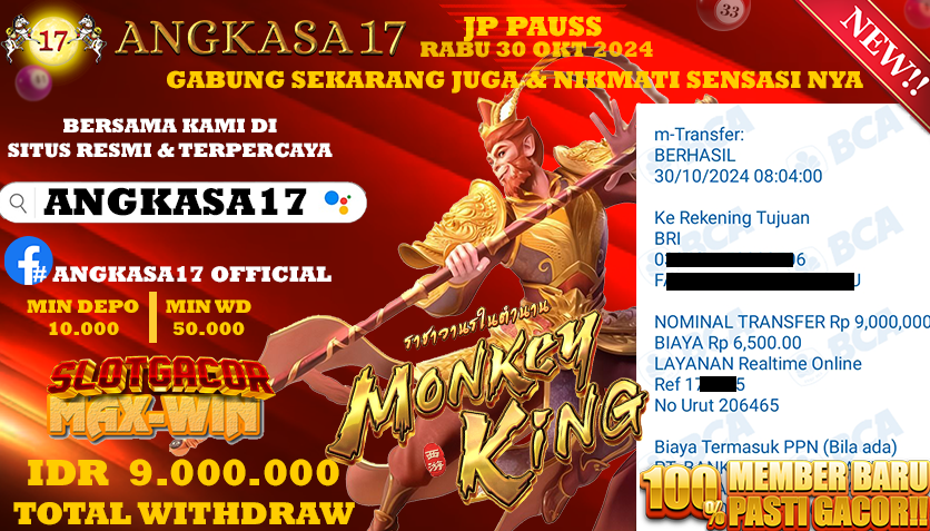 ANGKASA17 id : z7***** JACKPOT SLOT Monkey King Rp. 9.000.000 ,- LUNAS