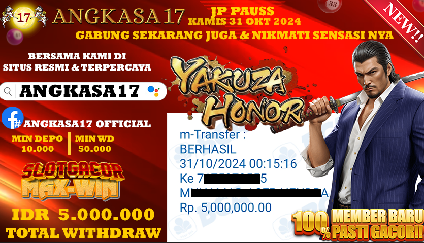 ANGKASA17 id : z7***** JACKPOT SLOT Yakuza Honor Rp. 5.000.000 ,- LUNAS