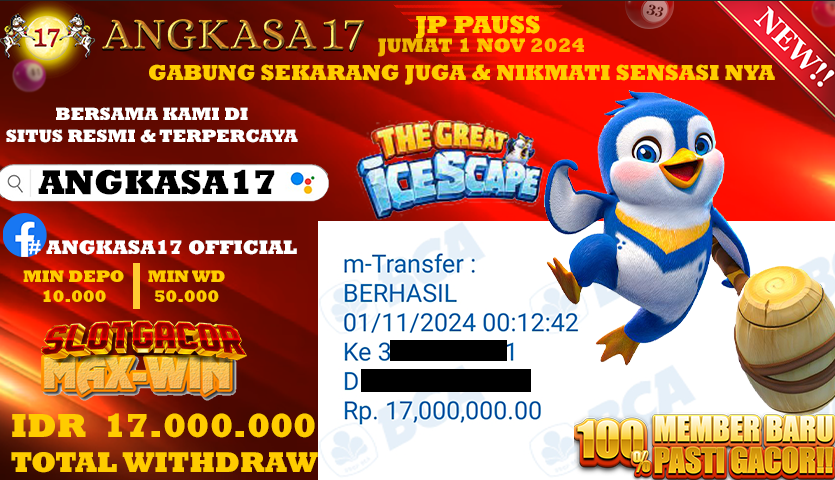ANGKASA17 id : z9***** JACKPOT SLOT The Great IceScape Rp. 17.000.000 ,- LUNAS