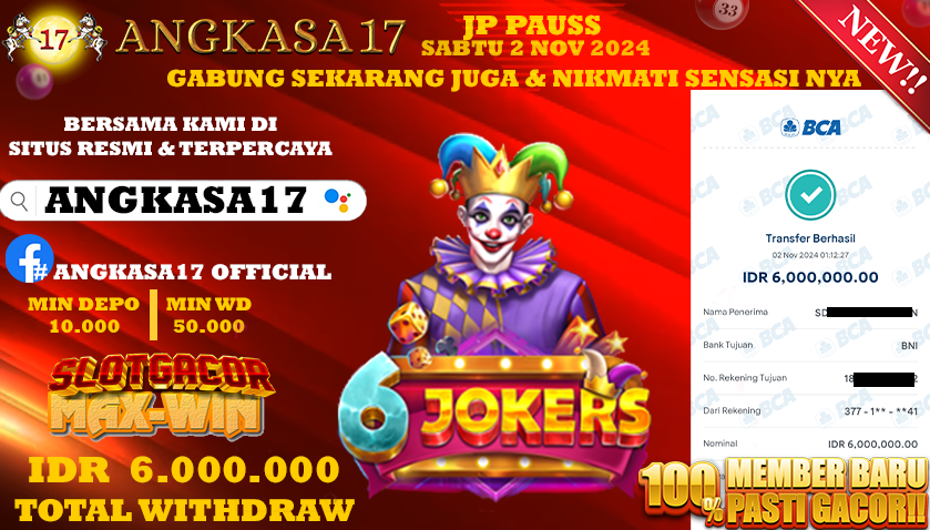 ANGKASA17 id : z10***** JACKPOT SLOT Joker Jewel Rp. 6.000.000 ,- LUNAS