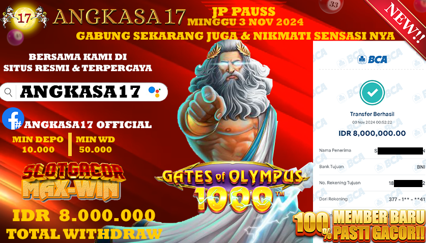 ANGKASA17 id : z11***** JACKPOT SLOT Gates of Olympus 1000 Rp. 8.000.000 ,- LUNAS