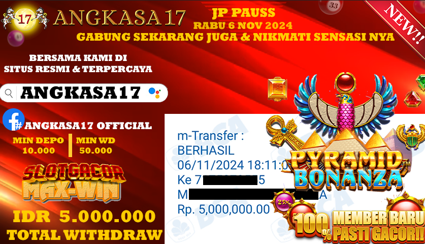 ANGKASA17 id : z13***** JACKPOT SLOT Pyramid Bonanza Rp. 5.000.000 ,- LUNAS
