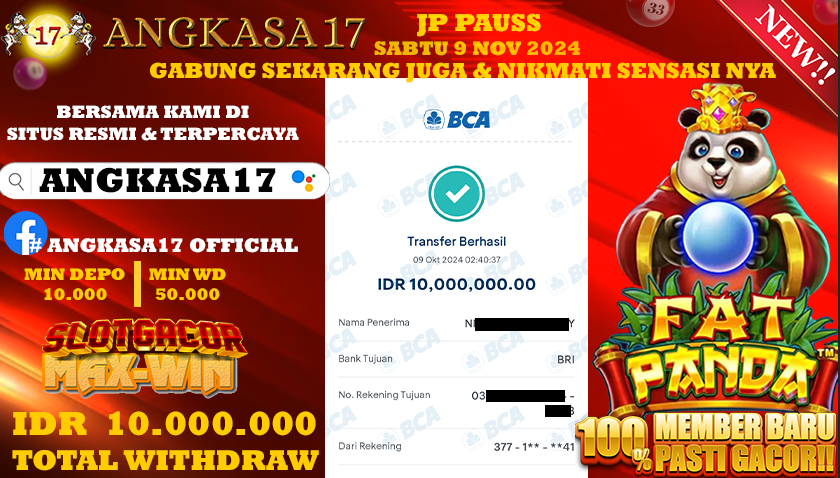 ANGKASA17 id : z18***** JACKPOT SLOT Fat Panda Rp. 10.000.000 ,- LUNAS