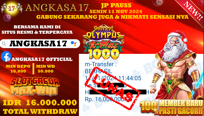 ANGKASA17 id : z20***** JACKPOT SLOT Gates of Olympus 1000 Rp. 16.000.000 ,- LUNAS