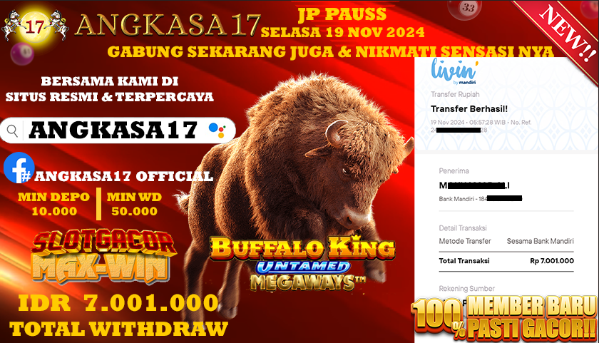 ANGKASA17 id : q13***** JACKPOT SLOT Buffalo King Rp. 7.000.000 ,- LUNAS